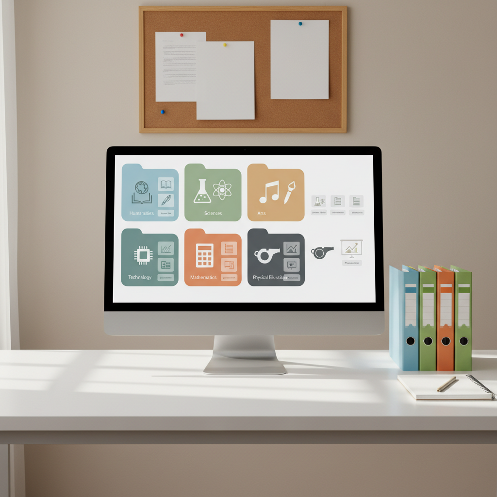 A modern computer monitor displaying a clean, structured file management interface with folders labeled by school areas and subjects using abstract icons instead of text, representing organized educational documents and formats. The monitor rests on a tidy white desk next to a small stack of categorized binders and a closed notebook. Behind, a neutral-toned wall features a simple corkboard with pinned blank sheets and color flags. Soft afternoon natural light from the side casts delicate shadows on the desk, creating a calm, focused atmosphere. Photographic realism, shot at eye level with balanced composition and moderate depth of field, conveying a reliable, user-friendly digital portal for teachers seeking everyday pedagogical formats.