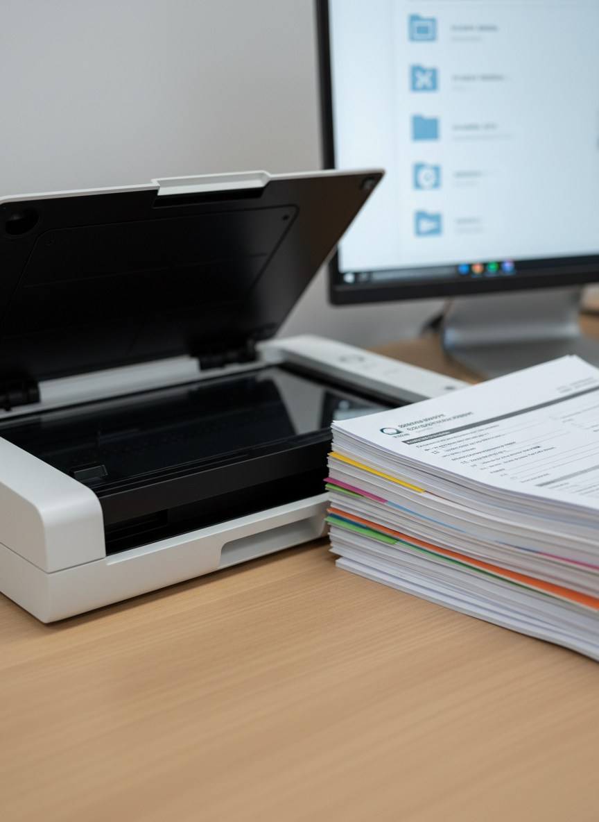 A close-up of a clean, flatbed document scanner with its lid open, ready to digitize a stack of neatly aligned educational forms and reports resting beside it. The scanner sits on a light oak surface in a minimalist administrative workspace, with a subtle glimpse of a computer monitor displaying a simplified file directory of school documents (no readable text). Cool, diffused overhead lighting creates soft, even illumination, minimizing shadows and emphasizing smooth surfaces. Captured from a slightly elevated angle with photographic realism and shallow depth of field, the mood is precise, technological, and professional, highlighting the transition from paper-based to digital document management for an educational institution.