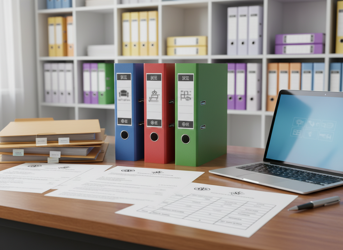 A neatly organized wooden teacher’s desk covered with labeled folders, ring binders, and printed forms from an educational institution, each document header clearly showing structured tables and institutional logos without readable text. The desk stands in a bright, modern office with tall white shelves in the background filled with color-coded archive boxes and spine-labeled binders. Soft daylight enters from an unseen window, creating gentle reflections on a silver laptop and a smooth ballpoint pen. Photographic realism, eye-level composition with sharp focus on the documents and a slightly blurred background, conveying an efficient, professional, and orderly atmosphere ideal for a digital portal dedicated to academic document management.